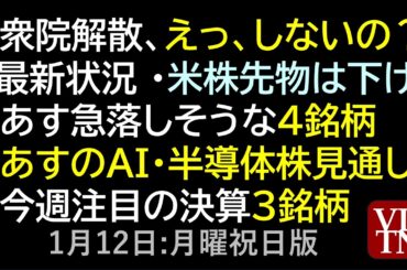 衆院解散、えっ、しないの？最新状況。 あす急落しそうな４銘柄。AI・半導体株見通し。注目の決算３銘柄。１月１２日（月・祝）～あす上がる株。最新の日本株情報。高配当株の株価やデイトレ情報～高市トレード