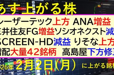 レーザーテック上方。ANA増益。三井住友増益。ソシオネクスト減益。ＳＣＲＥＥＮ減益。りそな上方。～あす上がる株　2026年２月２日（月）に上がる銘柄。～最新の日本株情報。高配当株の株価やデイトレ情報～