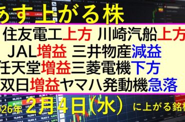 住友電工上方。川崎汽船上方。JAL増益。三井物産減益。任天堂増益。三菱電機下方。双日増益～あす上がる株　2026年２月４日（水）に上がる銘柄。～最新の日本株情報。高配当株の株価やデイトレ情報～