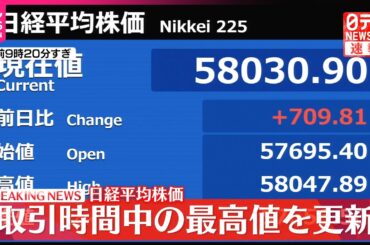 【速報】日経平均  取引時間中の最高値を更新