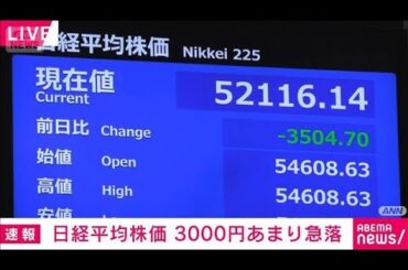 日経平均株価　下げ幅3000円超に拡大　イラン情勢受け原油先物価格が急騰(2026年3月9日)
