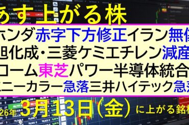 ホンダ赤字下方修正。イラン無傷。ローム東芝半導体統合。旭化成三菱ケミエチレン減産。エニーカラー急落～あす上がる株　2026年３月１３日（金）に上がる銘柄。最新の日本株情報。高配当株の株価やデイトレ情報