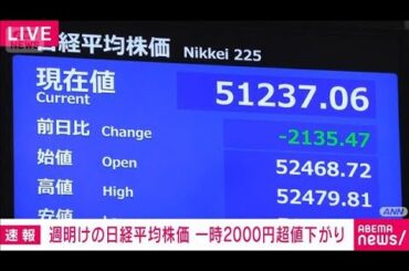 【速報】日経平均株価　一時2000円超下落　原油高で　ホルムズ海峡の完全封鎖懸念(2026年3月23日)