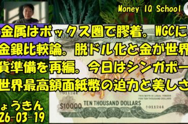 03-19 貴金属はボックス圏で膠着。WGCによる金銀比較論。脱ドル化と金が世界の外貨準備を再編。今日はシンガポールの世界最高額面紙幣の迫力と美しさ。 (506) きょうきんGT