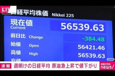 平均株価 取引開始とともに値下がり 一時600円超↓も　原油先物急上昇受け(2026年4月13日)