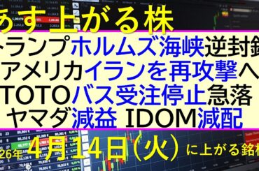 トランプ大統領、ホルムズ海峡を逆封鎖し、イラン再攻撃検討。TOTO、バス受注停止し急落。～あす上がる株　2026年４月１４日（火）に上がる銘柄。最新の日本株情報。高配当株の株価やデイトレ情報