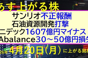 サンリオ不正報酬。石油資源開発、打撃。ニデック、1607億円マイナス。Ａｂａｌａｎｃｅ、巨額損失～あす上がる株　2026年４月２０日（月）に上がる銘柄。最新の日本株情報。高配当株の株価やデイトレ情報