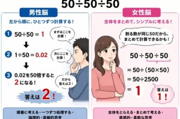 【画像】50÷50÷50の計算、男性脳・女性脳で計算過程がまったく異なると話題に！