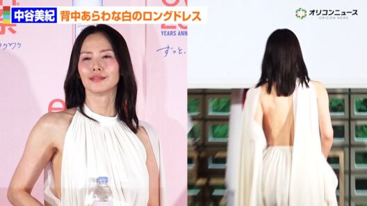 中谷美紀、美背中あらわな白のロングドレスで登場　 “水の精”イメージでエビアン200周年祝う　evian200周年・新ボトル メディア発表会