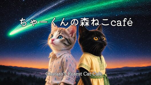 【猫の物語】ちゃーくんの森ねこcafe ｜ 星読みの記録と雨の日のツリーハウス｜ 輝く彗星と心をつなぐ魔法の歌