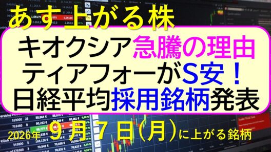 キオクシアが急騰、その原因。日経平均銘柄が新しく発表！ティアフォーがストップ安。～あす上がる株　2026年９月７日（月）に上がる銘柄。最新の日本株情報。高配当株の株価やデイトレ情報