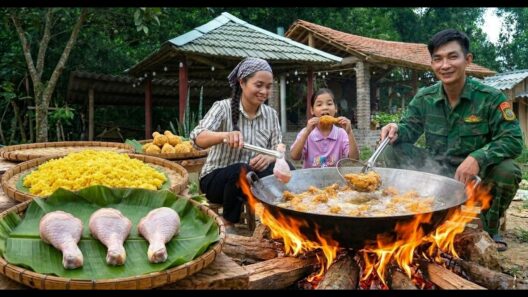 Making traditional crispy fried chicken legs with sticky rice –Cooking in a giant pan with a veteran