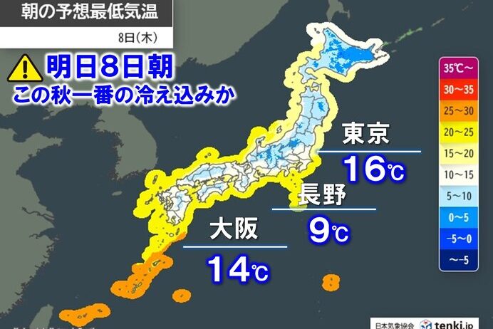 明日8日朝はこの秋一番の冷え込みか　東京16℃・長野9℃予想　昼間との寒暖差大